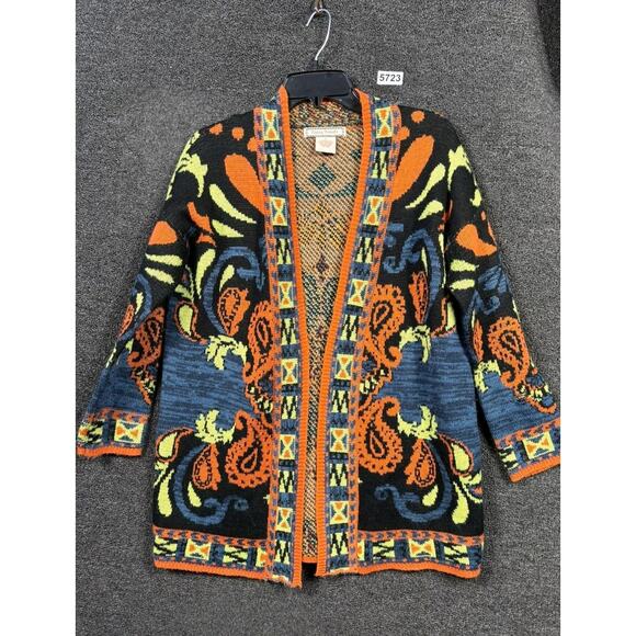 Flying Tomato Sweater Womens Small Black Orange Open Front Cardigan Paisley Boho - Picture 1 of 6